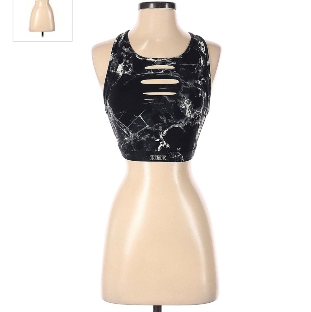 PINK Victoria's Secret Ultimate Black Marble Sports Bra Size Small DD S-DD EUC